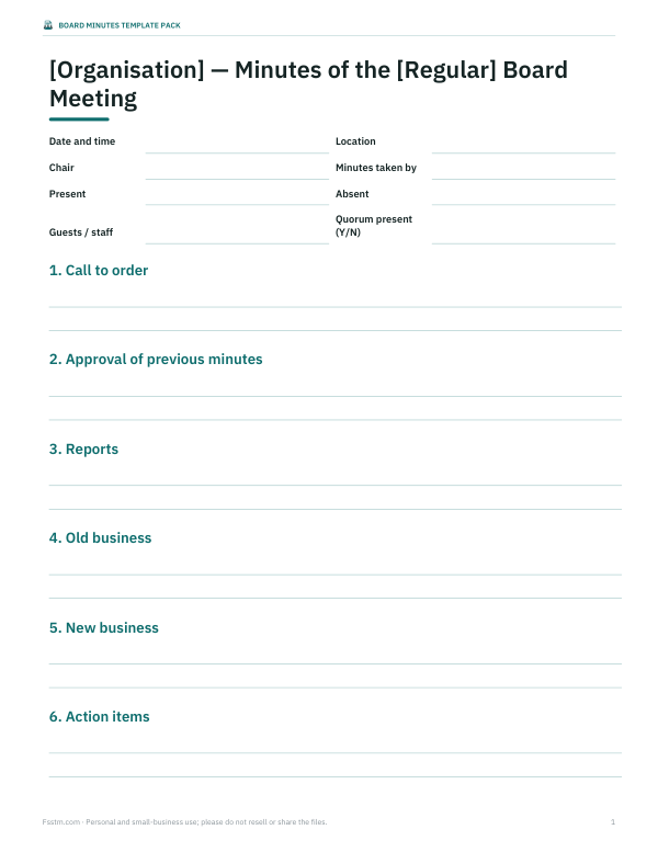 Preview of Printable Board Minutes Template